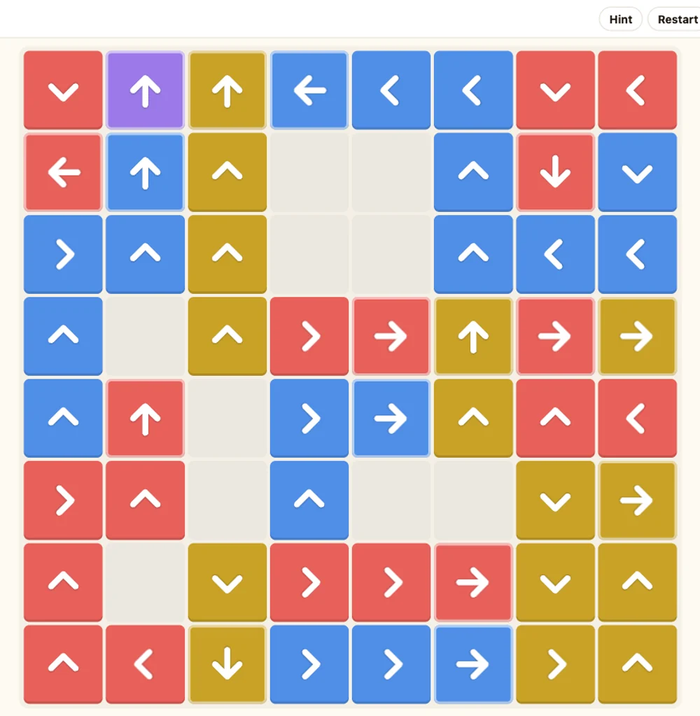 The Arrow Game board at level 13: an 8 by 8 grid of coloured arrow tiles