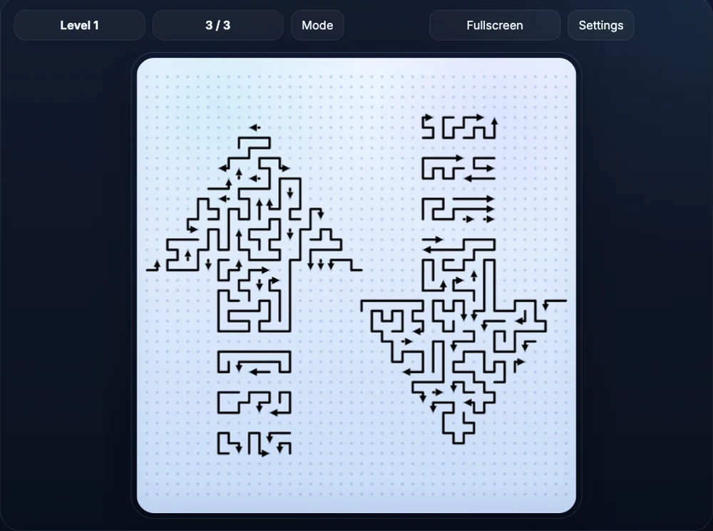 The ArrowsGo board, level 1: arrow paths drawn as thin lines on a dotted grid